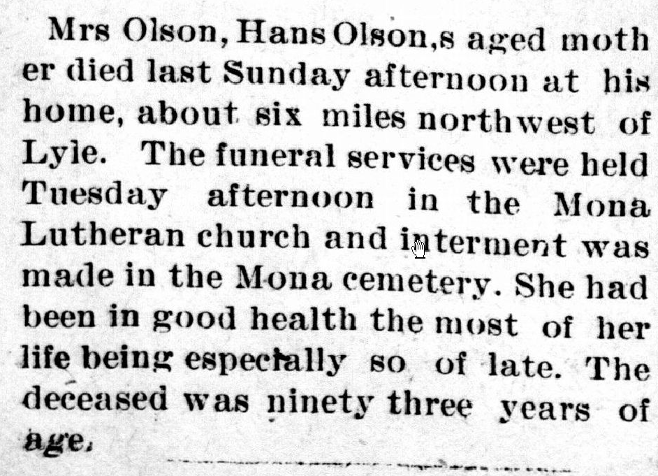 Mrs. Olson died Lyle Historical Society